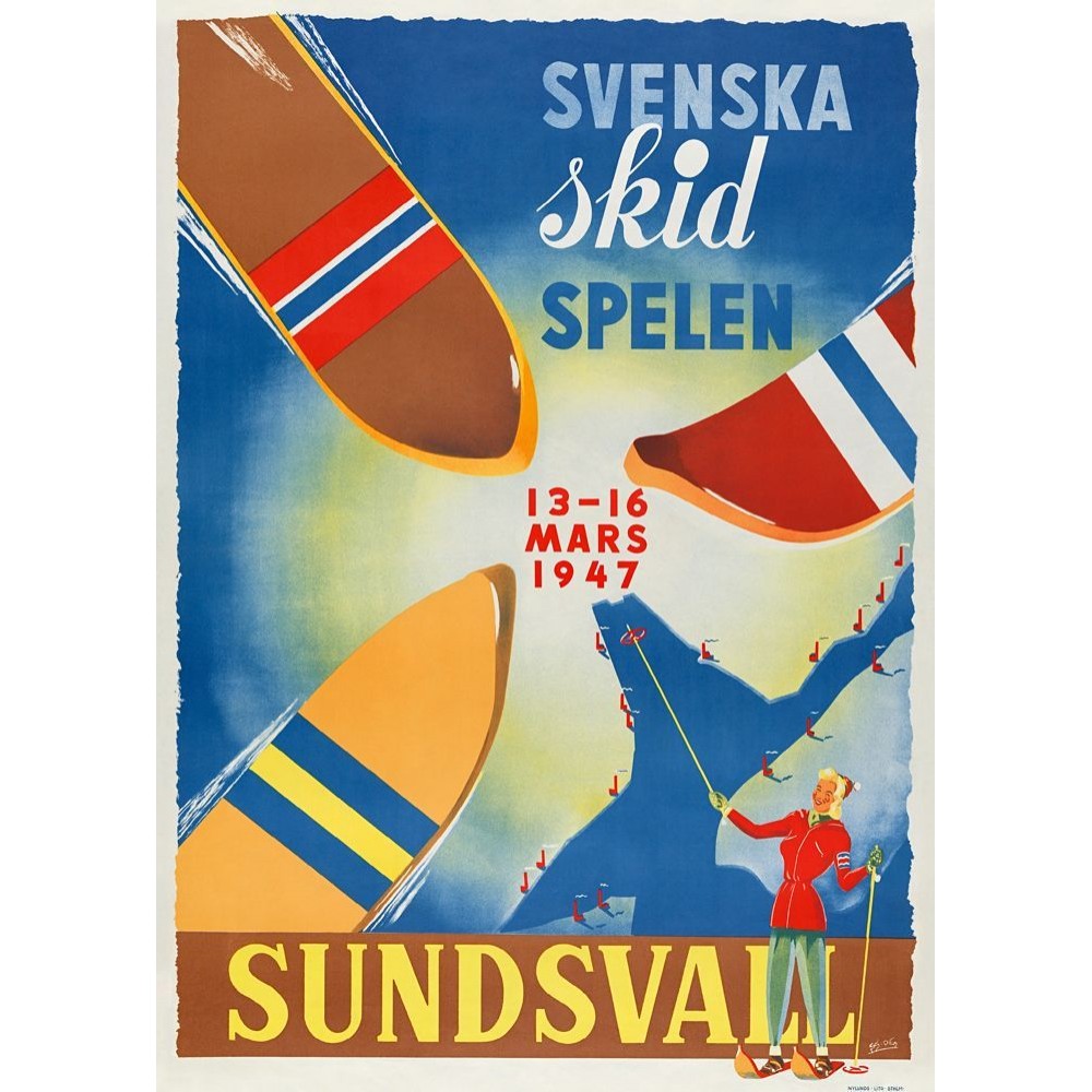 Svenska Skidspelen i Sundsvall 1947, affisch 21x30cm